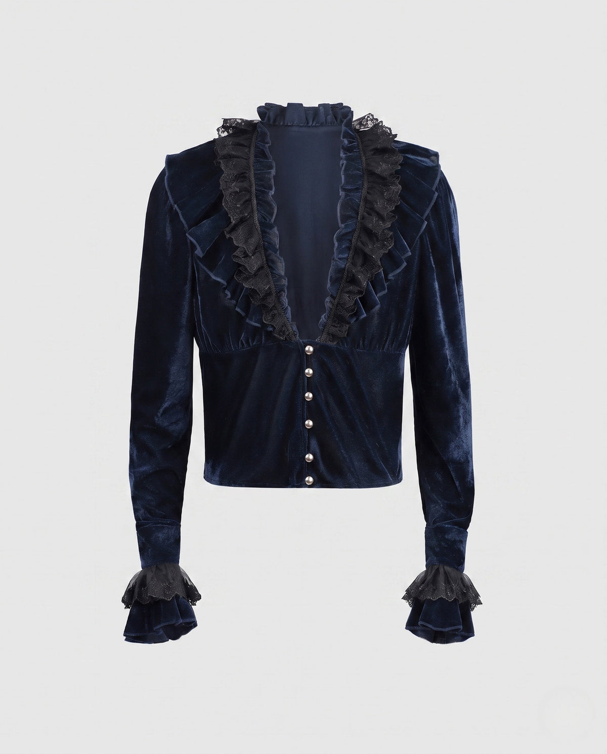 Women's elegant velvet blouse with lace ruffles and pearl buttons EVA-US
