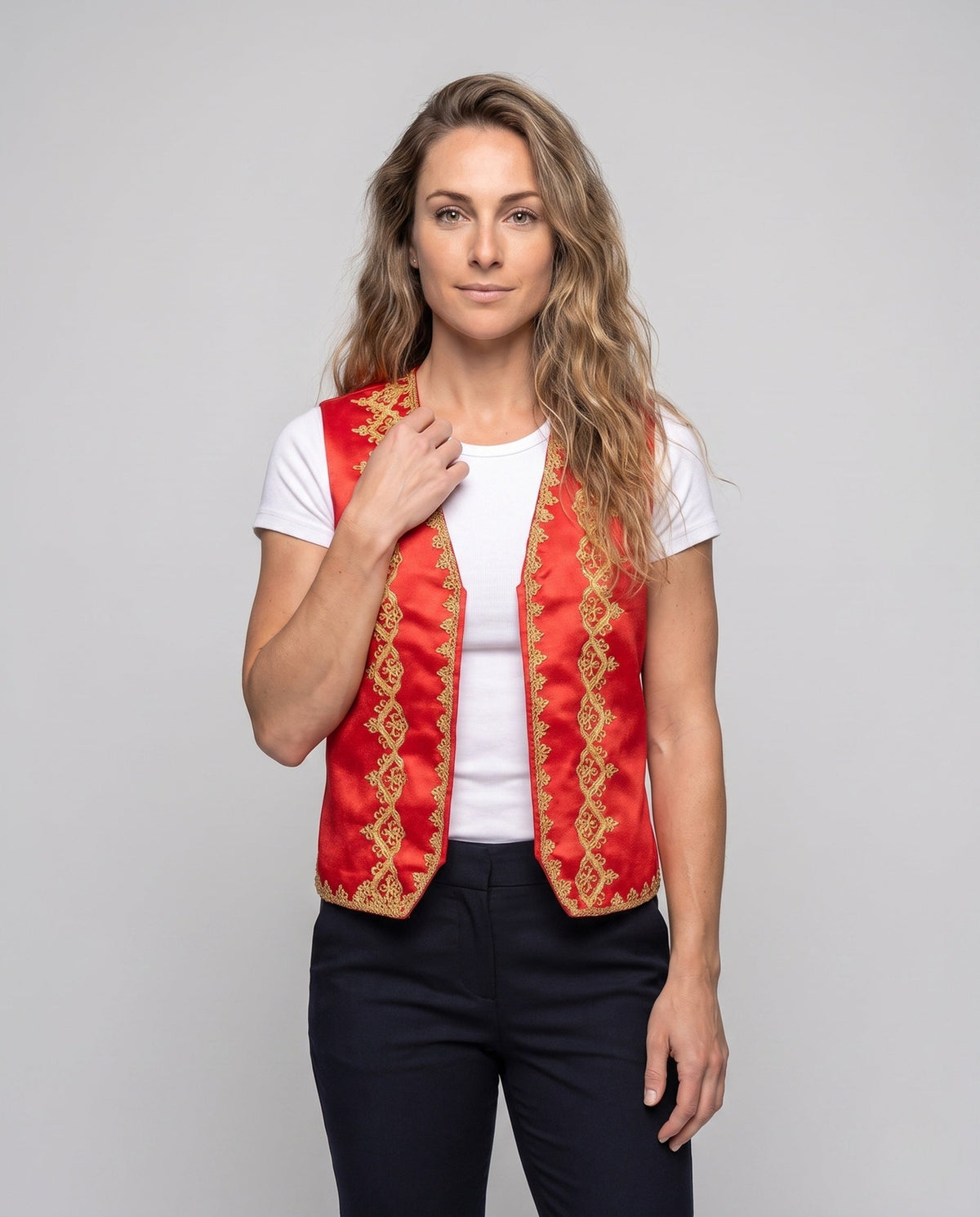 Women's Elegant Stand Collar Vest with Artful Decorations EVA-US