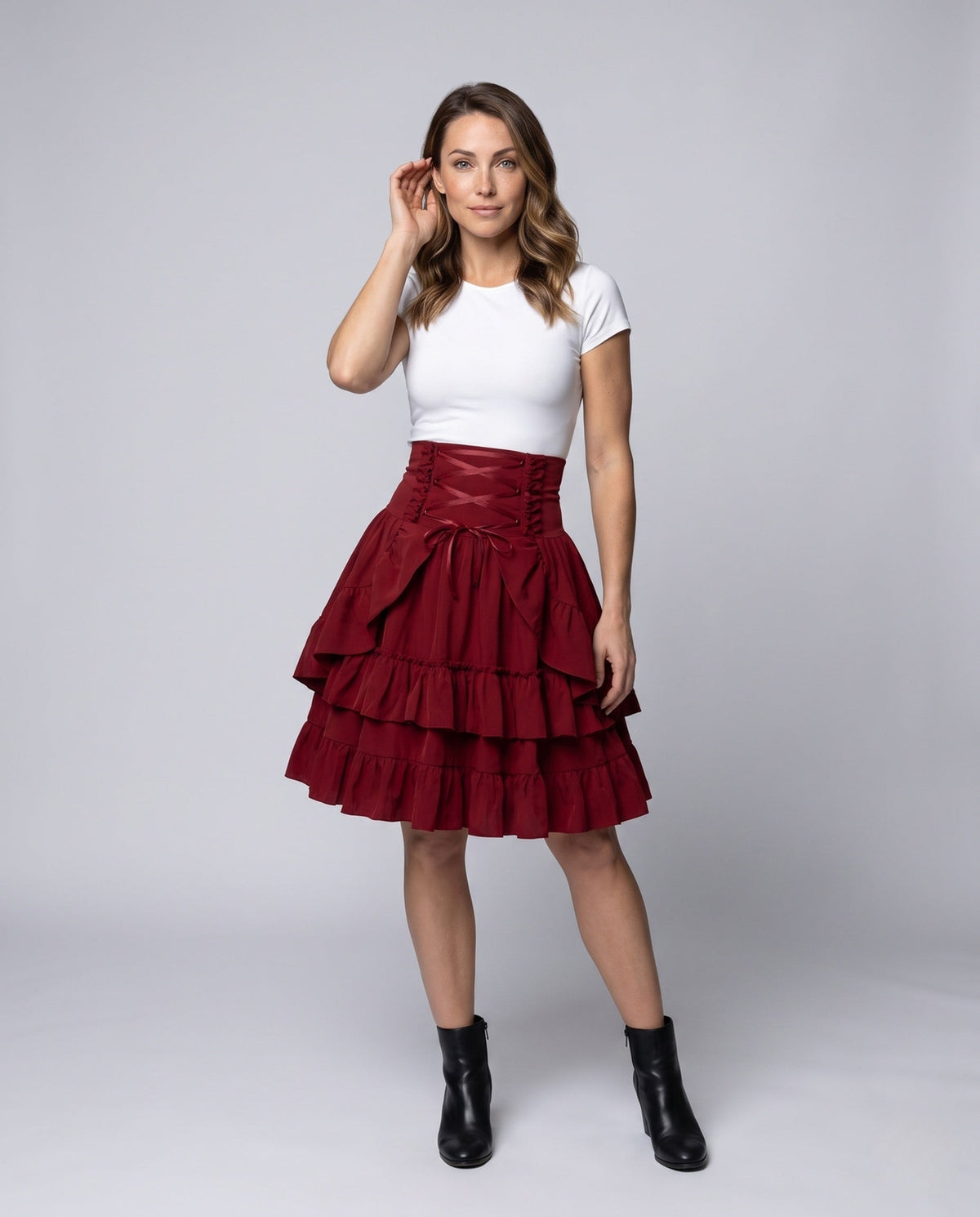 Women Sweet Ruffled Dress with Apron Design and Lacing Details EVA-US