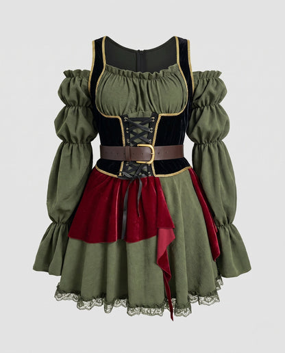 Women's traditional dress with ruffle details and fitted belt EVA-US