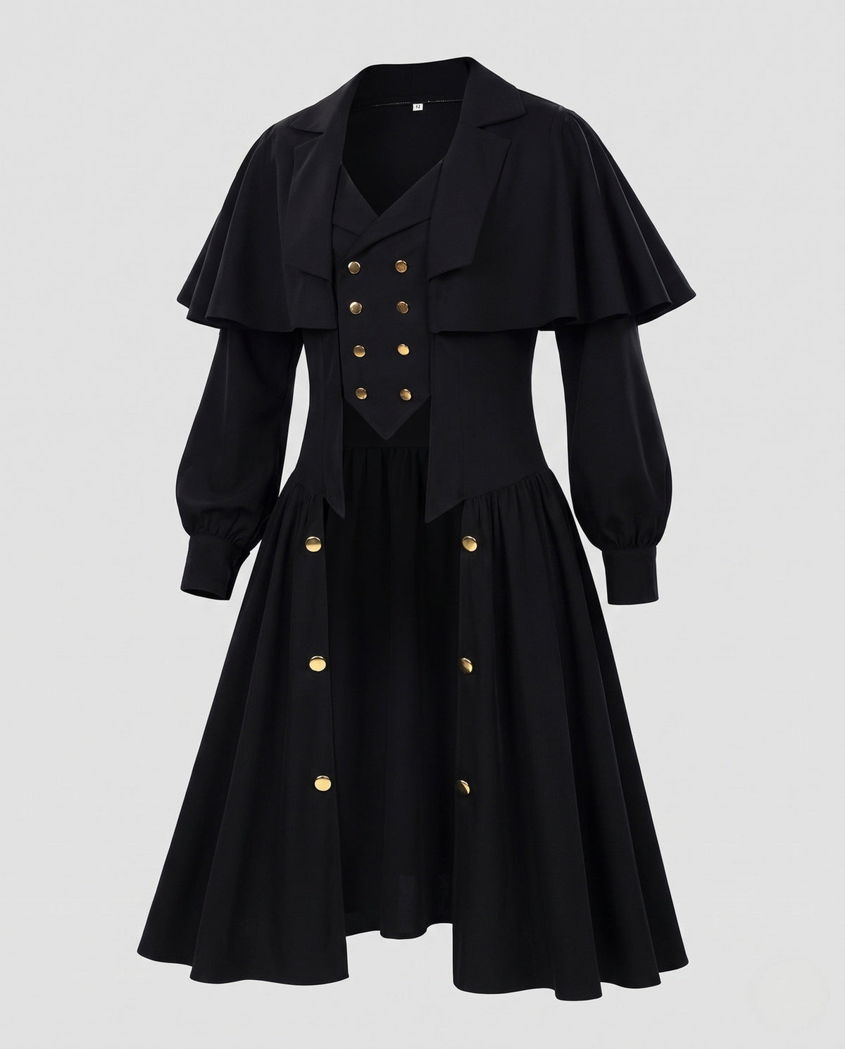 Women Dramatic Cape Coat with Button Placket and Puff Sleeves EVA-US