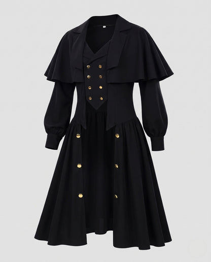 Women Dramatic Cape Coat with Button Placket and Puff Sleeves EVA-US