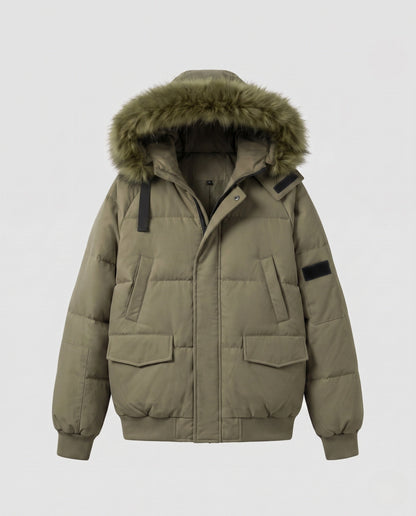 Women's short urban thermal parka with detachable faux fur trim, raglan sleeves, and concealed two-way zipper