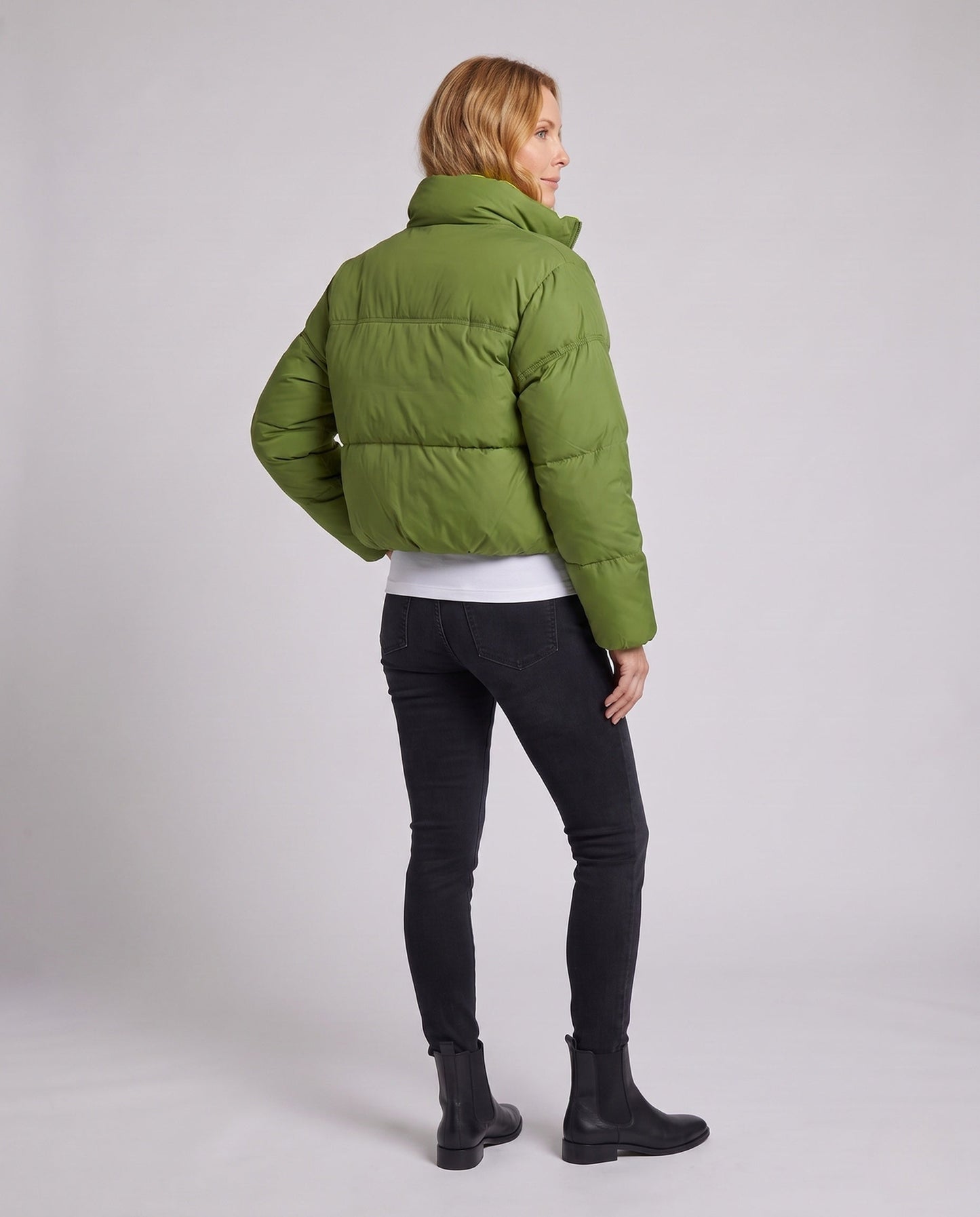 Women's short padded boxy puffer with two-layer stand collar and concealed zipper placket