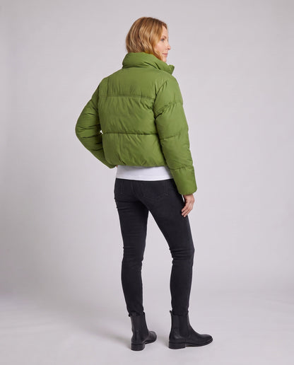 Women's short padded boxy puffer with two-layer stand collar and concealed zipper placket