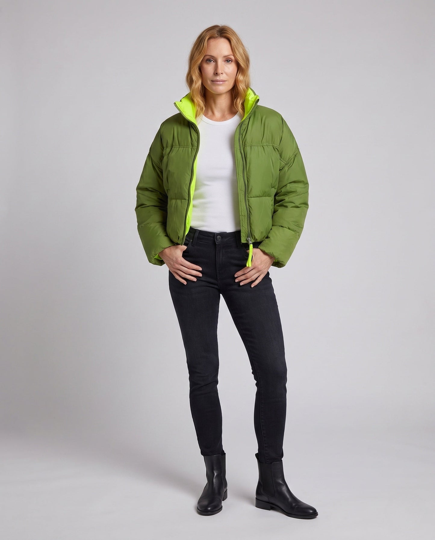 Women's short padded boxy puffer with two-layer stand collar and concealed zipper placket