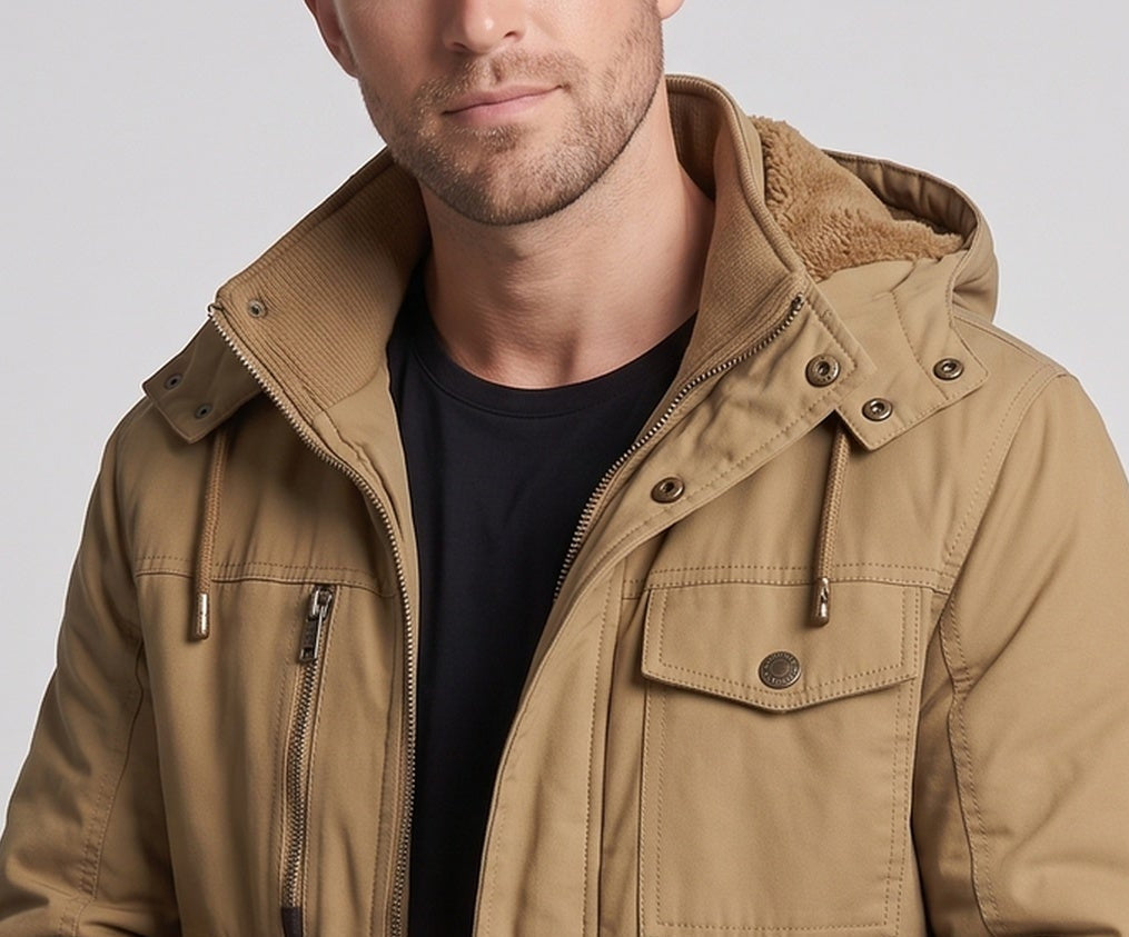 Men's Robust Canvas Field Jacket with Hood, Multi-Pockets & Tailored Fit EVA-US