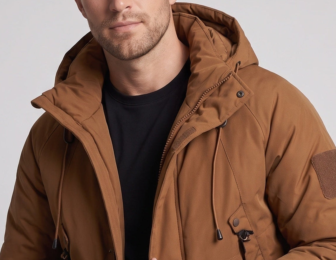 Men's Technical Hooded Parka with Extended Back, Thermal Quilting & Multi-Function Pockets EVA-US