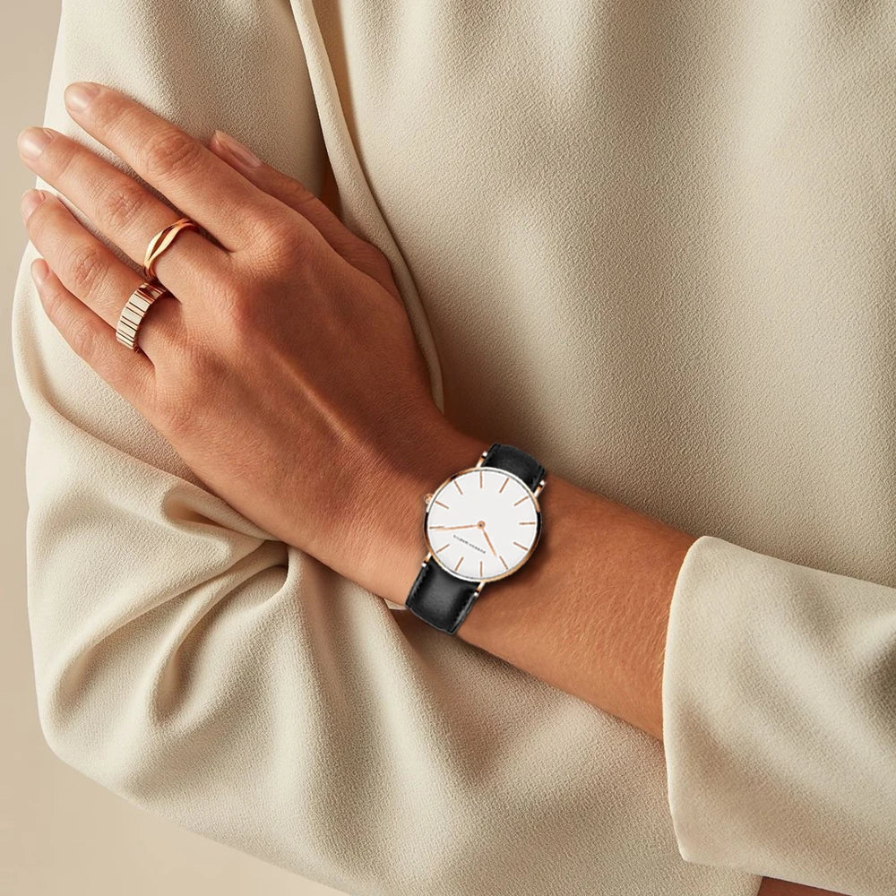 EVA-US | Round Timeless Minimalist Watch With Leather Strap For Women