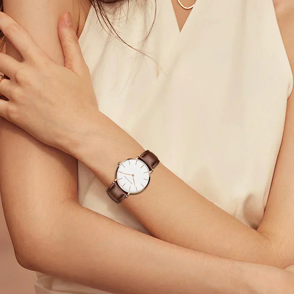 EVA-US | Round Timeless Minimalist Watch With Leather Strap For Women