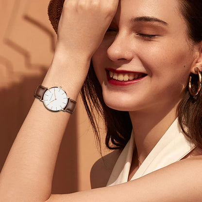 EVA-US | Round Timeless Minimalist Watch With Leather Strap For Women