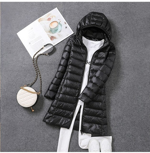 Ultralight, packable, long puffer coat