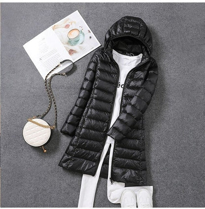 Ultralight, packable, long puffer coat