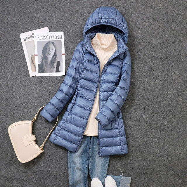 Ultralight, packable, long puffer coat