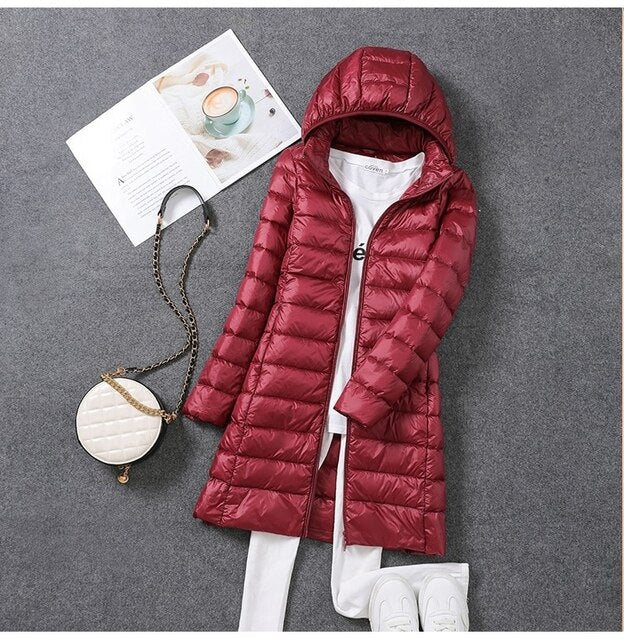 Ultralight, packable, long puffer coat