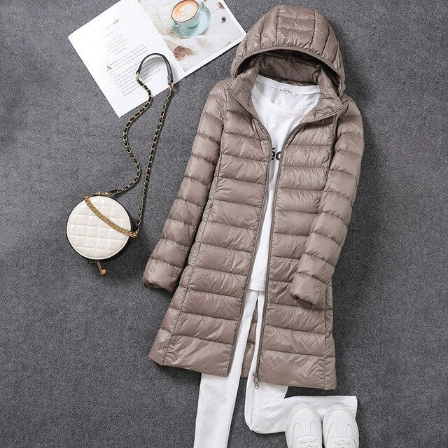Ultralight, packable, long puffer coat