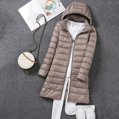 Ultralight, packable, long puffer coat