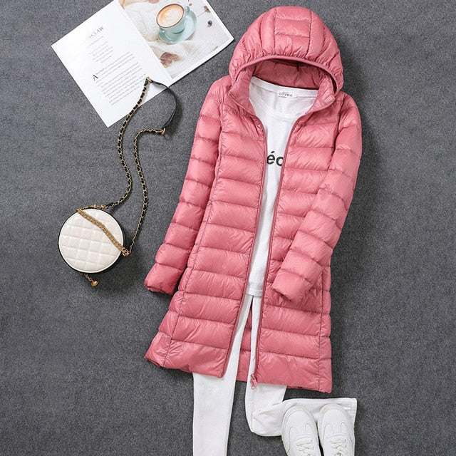 Ultralight, packable, long puffer coat