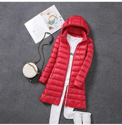 Ultralight, packable, long puffer coat