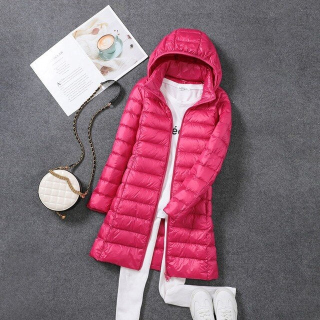 Ultralight, packable, long puffer coat
