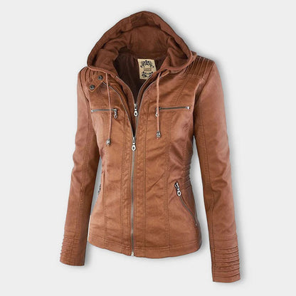 Seitenansicht einer khaki lederjacke mit kapuze