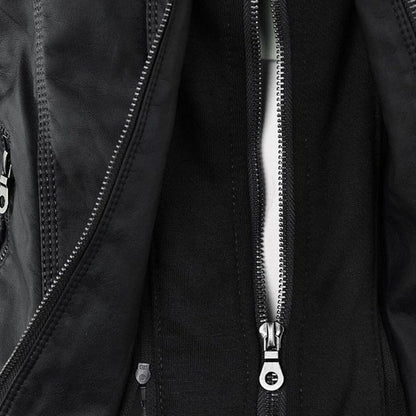 Innenansicht einer schwarz lederjacke mit zwei reißverschlüssen