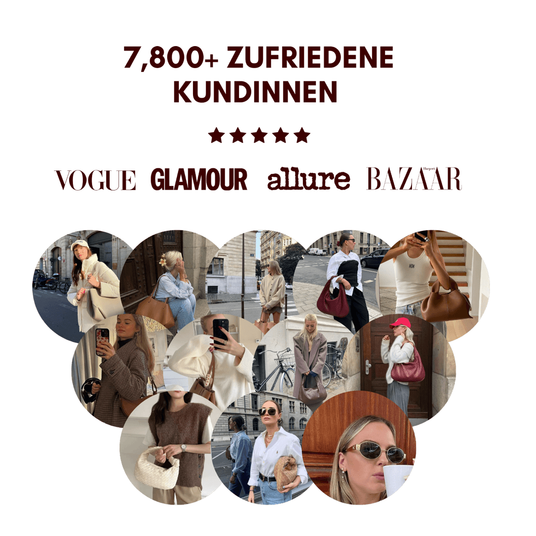 Collage von frauen, die verschiedene farben von ledertaschen präsentieren, mit werbetext
