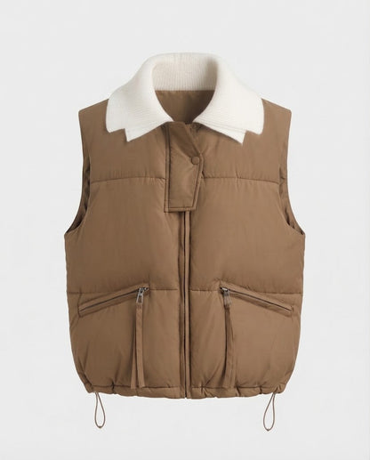 Women's lightweight padded shirt collar vest with concealed press stud placket and zip pockets