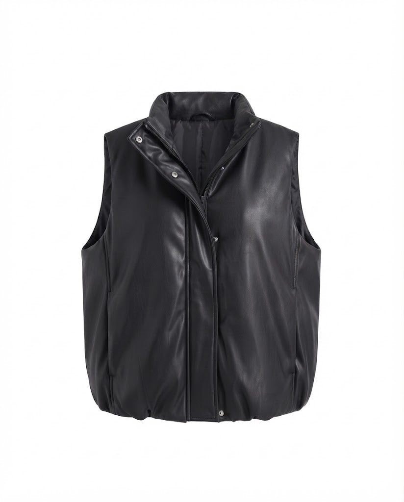 Ladies' oversized padded faux leather vest with high shawl collar and two-way zipper
