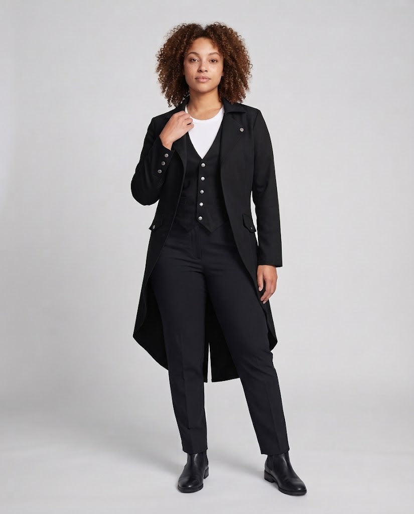 Women Long Coat with Asymmetric Cut and Elaborate Button Details EVA-US