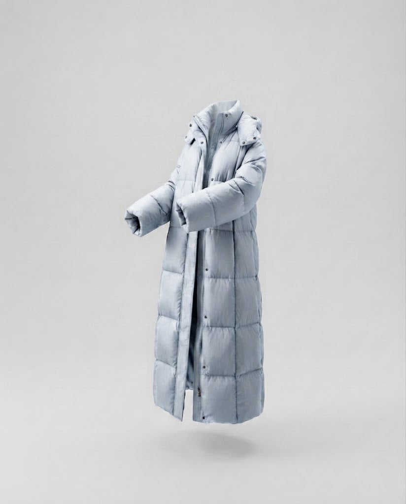 Women's ultra-lightweight midi quilted coat with extended back, innovative climate insulation, and windproof outer shell