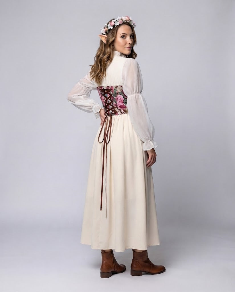 Ladies romantic maxi dress with floral design and transparent puff sleeves EVA-US