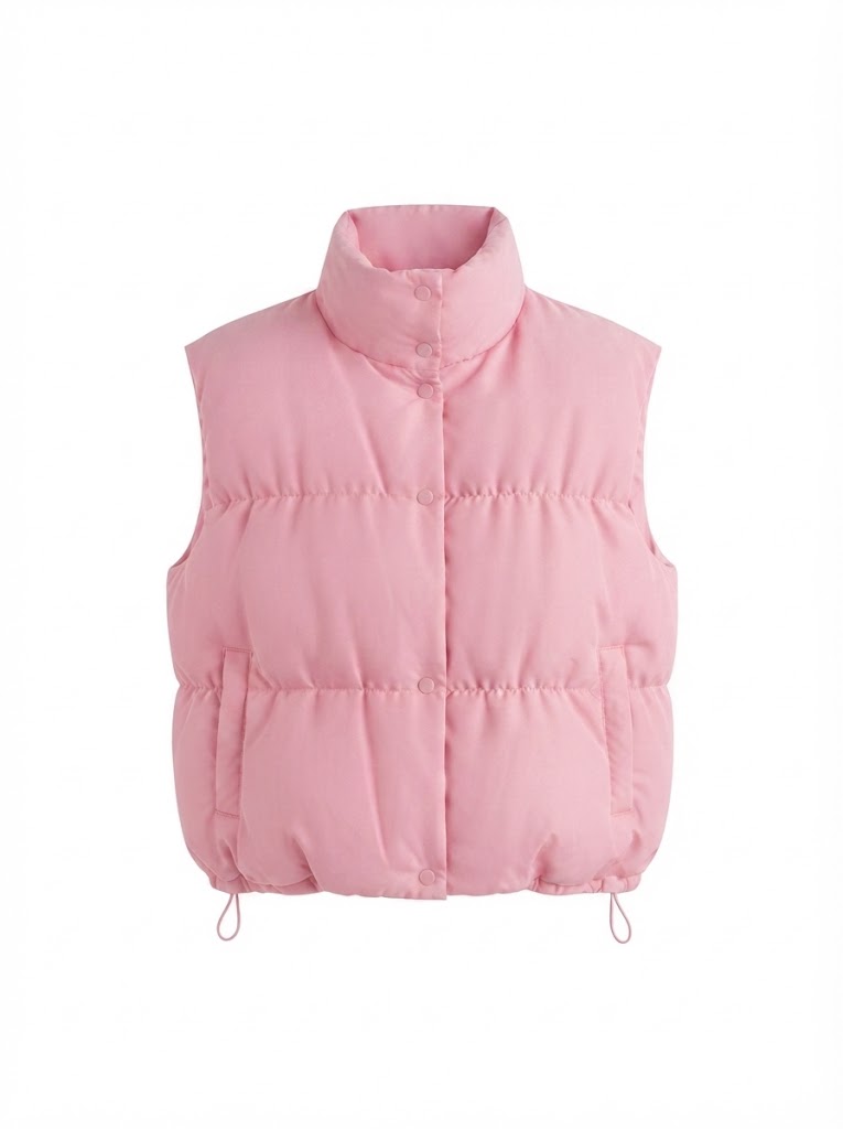 Ladies' puffy insulation vest with square construction and high stand-up collar
