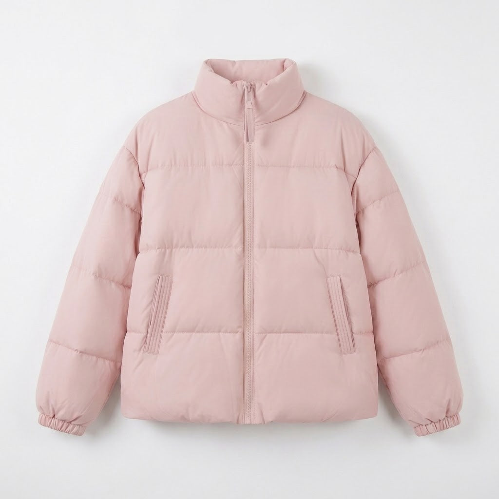 Women's short voluminous padded jacket with high shawl collar, two-way zipper, and concealed side pockets