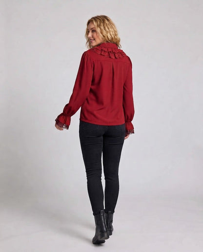 Women's Ruffled Blouse with Elegant Lace Accents EVA-US
