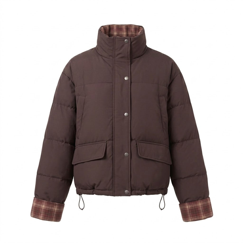Women's short padded boxy blouson with checked lining, high collar and patch flap pockets