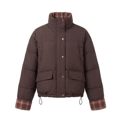 Women's short padded boxy blouson with checked lining, high collar and patch flap pockets