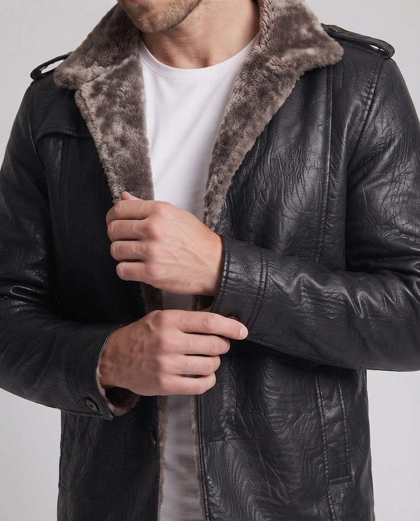 Men's Faux Leather Pilot Jacket with Teddy Fleece Lining and Shoulder Epaulettes EVA-US