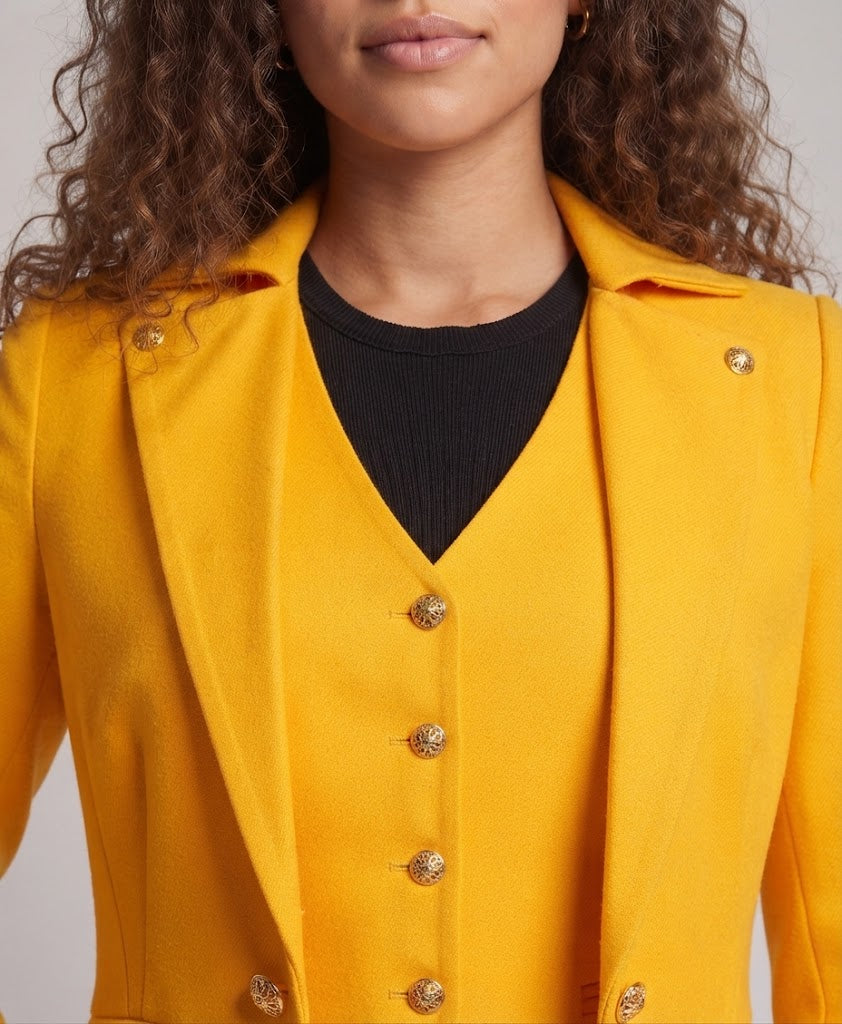 Women's elegant tailcoat with asymmetrical hem and golden accents EVA-US