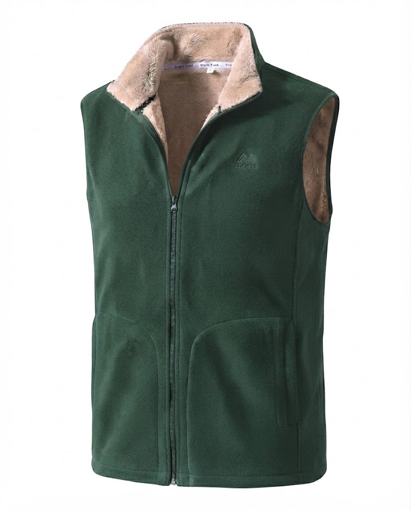 Men's thermal fleece vest with Sherpa lining, high stand-up collar and concealed side pockets
