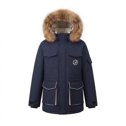 Women's nano short urban thermal parka in boxy oversized cut with detachable faux fur trim and large flap pockets