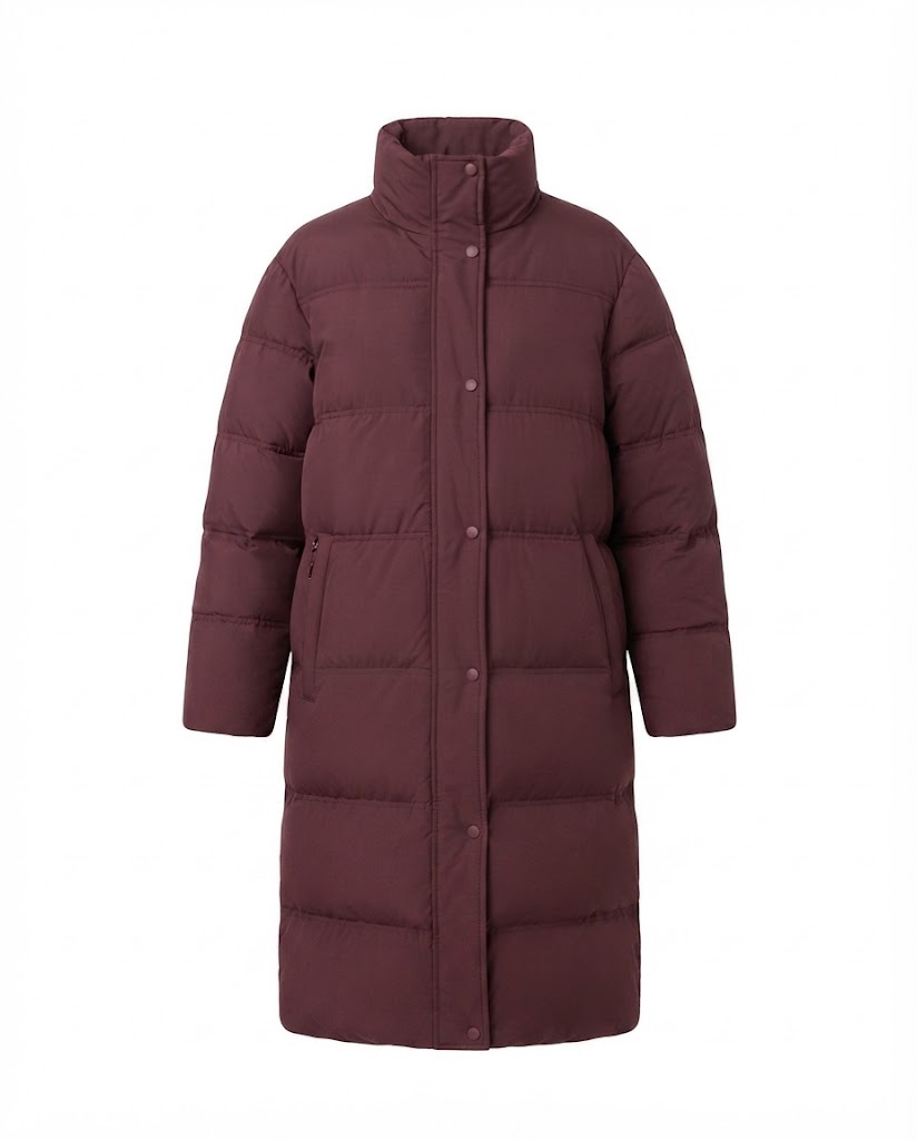 Ladies long-cut quilted thermal coat with hood, two-way zipper and side zip vents