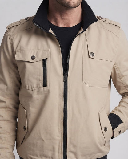 Men's short jacket in utility field design with stand-up collar, shoulder epaulettes, and concealed zipper pockets EVA-US