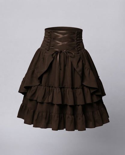 Women Sweet Ruffled Dress with Apron Design and Lacing Details EVA-US