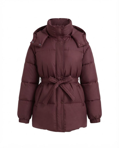 Women's mid-length quilted winter coat with tie belt, high stand-up collar and snap button placket