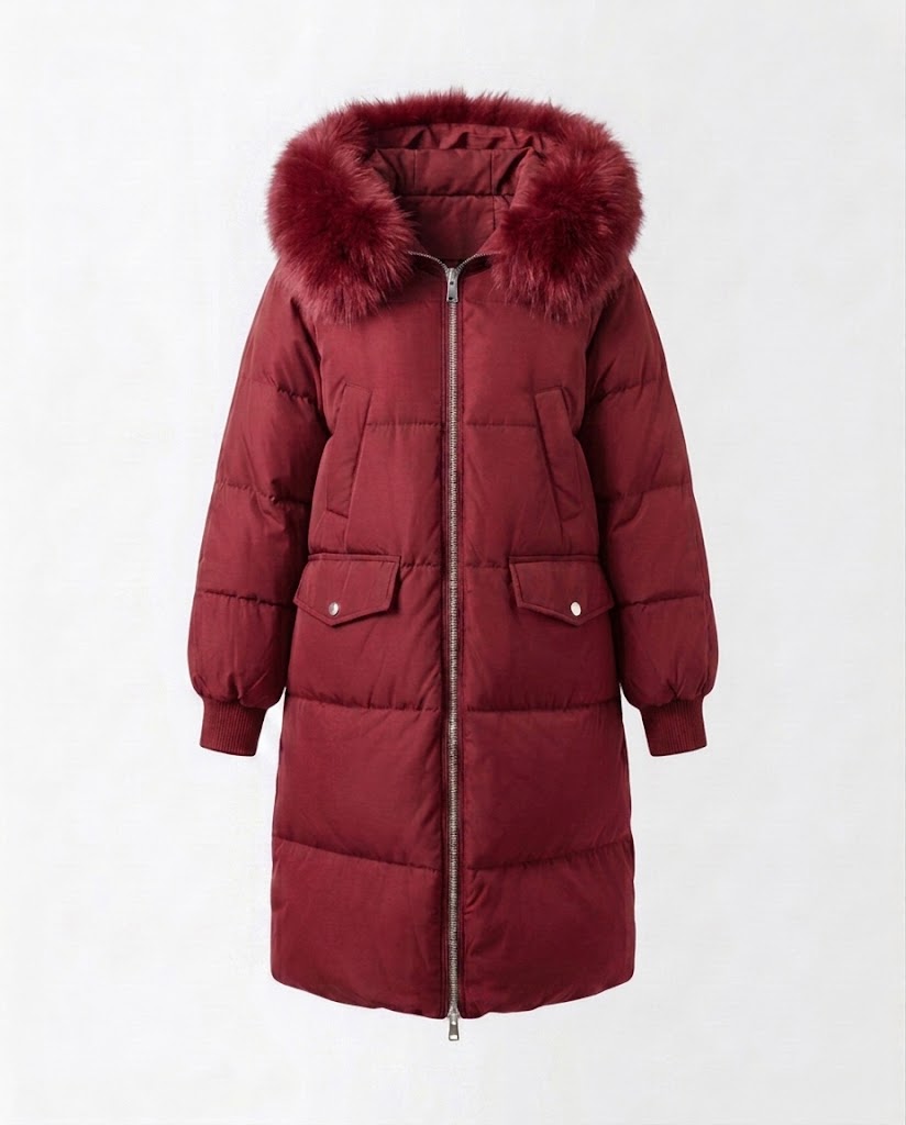 Women's longer padded hooded coat with removable fur trim and two-way zip