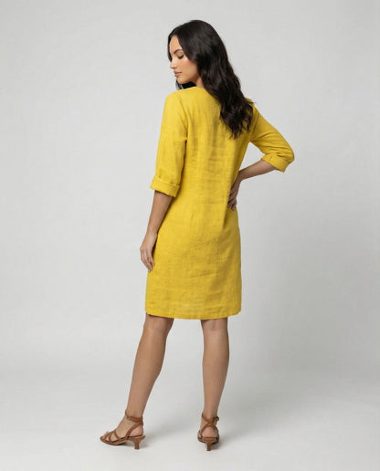 Women's linen dress with a loose fit and elegant V-neck