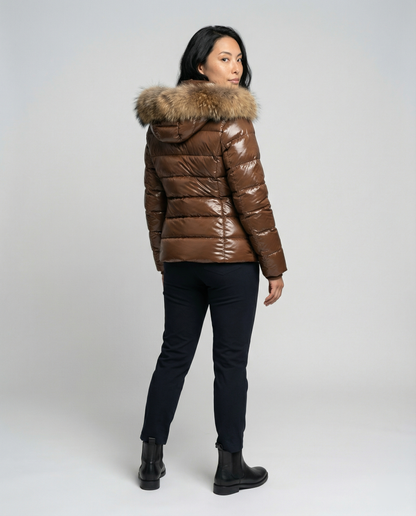Women's winter down jacket with removable hood and luxurious fur collar