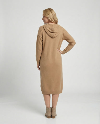 Women's hoodie dress made of soft knit material with button placket and hood