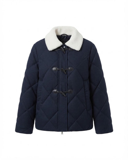 Women's short quilted puffer jacket with teddy collar, toggle and two-way zipper